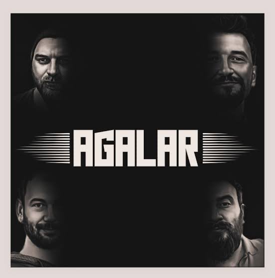 A black and white graphic design featuring the word 'AGALAR' in bold stylized text, surrounded by four black and white portraits of bearded men in the corners.