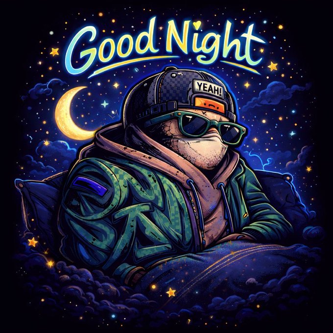 The image features a cartoon character wearing a green jacket and sunglasses sitting on a bed with a pillow. The character has a face mask on their face and appears to be in a relaxed position. The background of the image is dark blue, filled with stars that give the impression of a night sky. There are also some text elements present in the image, including "Good Night" written above the character's head and "yeah" below it.