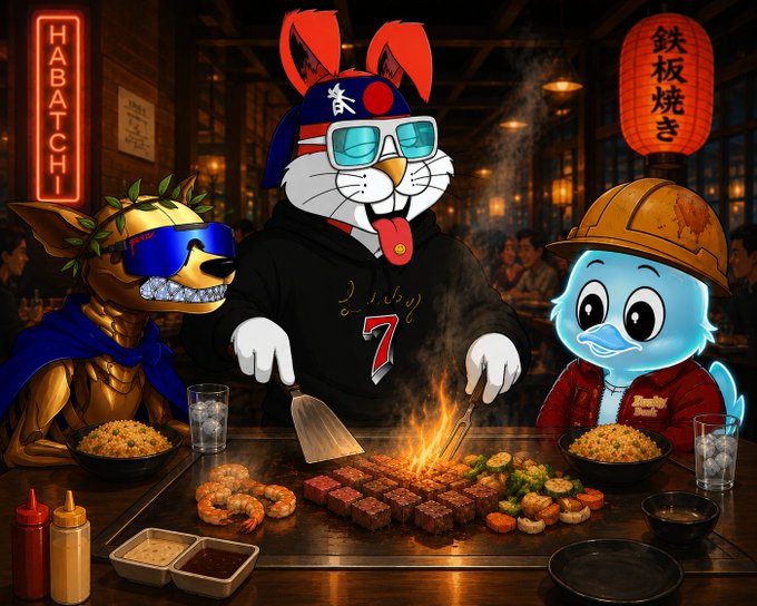 A cartoon illustration shows anthropomorphic characters (a fox, a cat in a bandana, and a blue bird in a hard hat) grilling meat and vegetables at a Habachi/鉄板焼き (teppanyaki) restaurant.