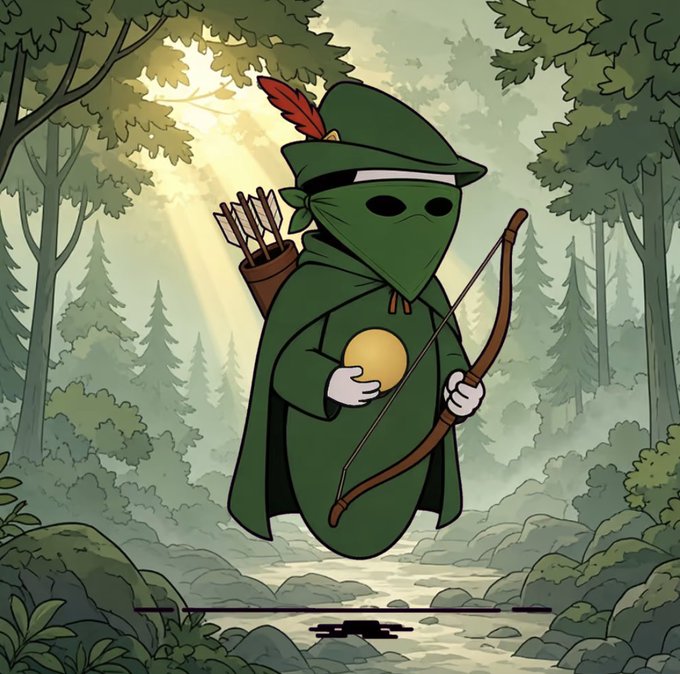 A stylized illustration depicts a green, Robin Hood-like archer in a forest, wearing a feathered cap and holding a bow and a round yellow object.