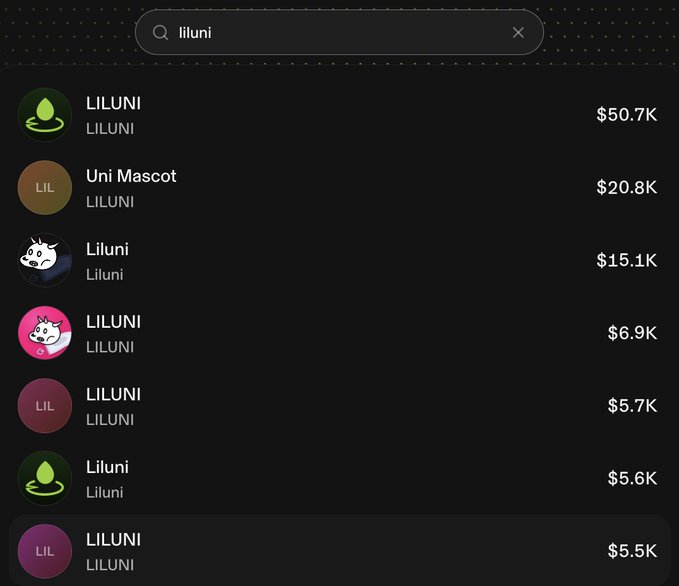 A dark-themed search results page showing various LILUNI token entries with different icons and market caps ranging from $50.7K down to $5.5K.