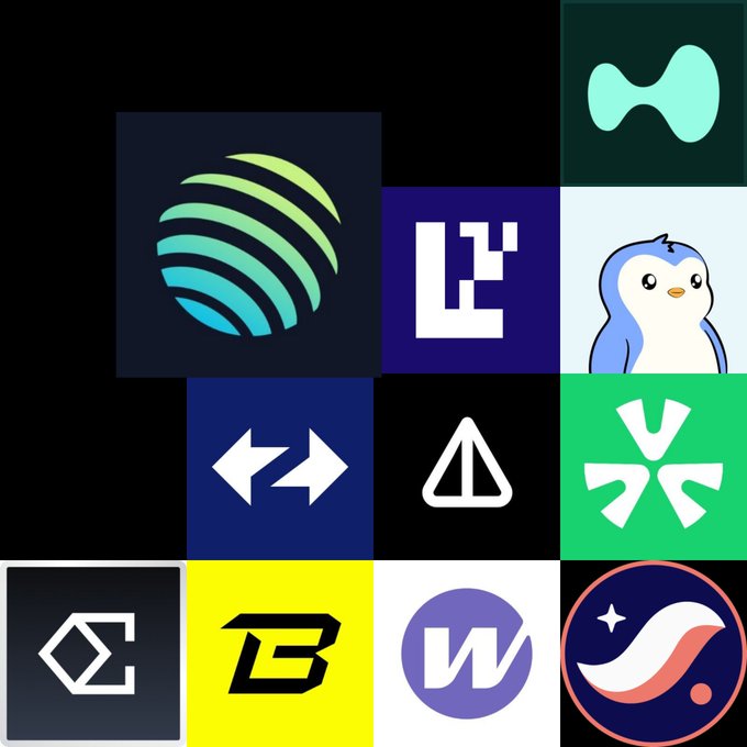 A collage of various tech and crypto company logos including Whale, Polyhedra, Bitget, Magic Eden, and others arranged in a grid pattern on a black background.