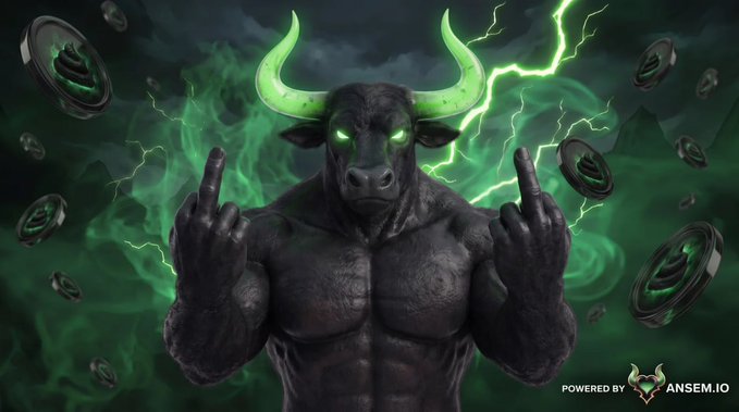 A muscular black bull with glowing green horns and eyes makes a rude gesture amid green lightning, surrounded by floating coins, branded 'POWERED BY ANSEM.IO'.