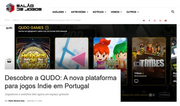 The Salão de Jogos website displays a Portuguese article titled 'Descobre a QUDO: A nova plataforma para jogos Indie em Portugal' alongside various indie game listings.