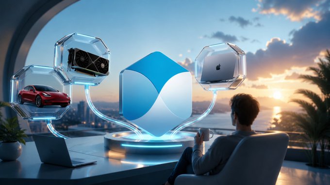 A futuristic scene of a person sitting by a window at sunset, looking at a glowing blue cube connected by light beams to holographic displays of a red sports car, an NVIDIA graphics card, and a MacBook.