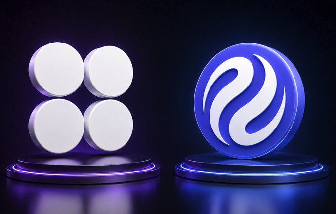 A digital 3D render of two cryptocurrency tokens on glowing pedestals against a dark background: four white circles on a purple-lit base and a blue coin with a swirling logo on a blue-lit base.