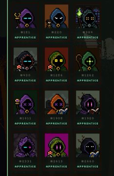 A grid of pixel-art character avatars labeled 'APPRENTICE' with various levels (N131, N220, N531, etc.) in a game interface.