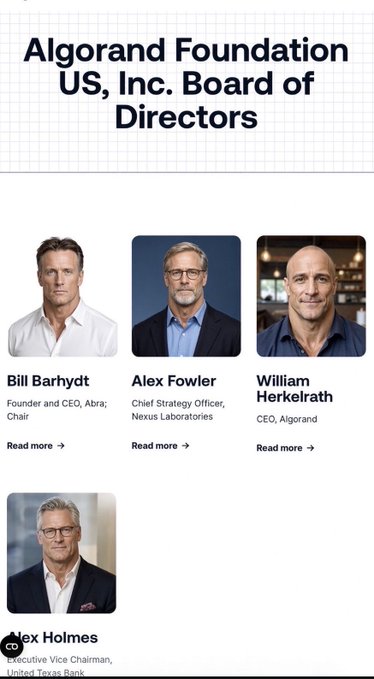 The Algorand Foundation US, Inc. Board of Directors page showing members including Bill Barhydt (Founder and CEO, Abra; Chair), Alex Fowler, William Herkelrath, and Rex Holmes.