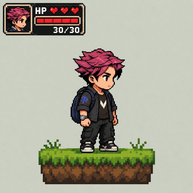 A 2D pixel-art game character with spiky pink hair, a black outfit, and a backpack standing on a grass platform, with an HP bar showing 30/30 hearts.