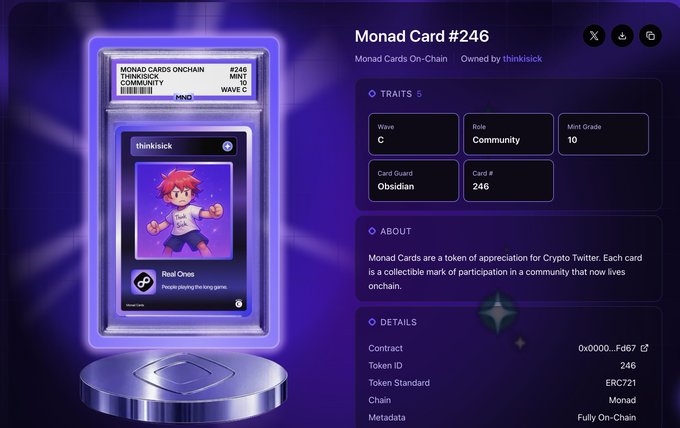 A digital collectible card display for 'Monad Card #246' owned by thinksick, showing traits including Wave C, Community role, Mint Grade 10, Obsidian guard, with token details on the Monad chain (ERC721).
