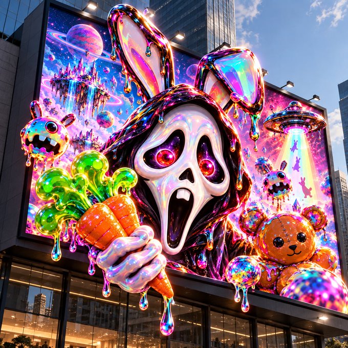 A vibrant, psychedelic digital artwork displayed on a large billboard, featuring a screaming figure in a hooded costume with iridescent details, holding carrots, alongside colorful cartoon characters and a UFO.