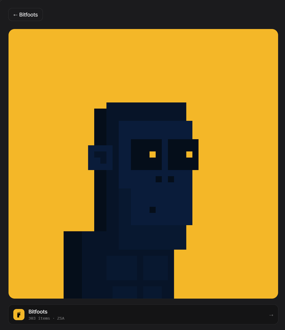 A pixel art NFT character titled "Bitfoots" by ZSA is displayed on a yellow background, showing a dark blue blocky figure with yellow eyes.