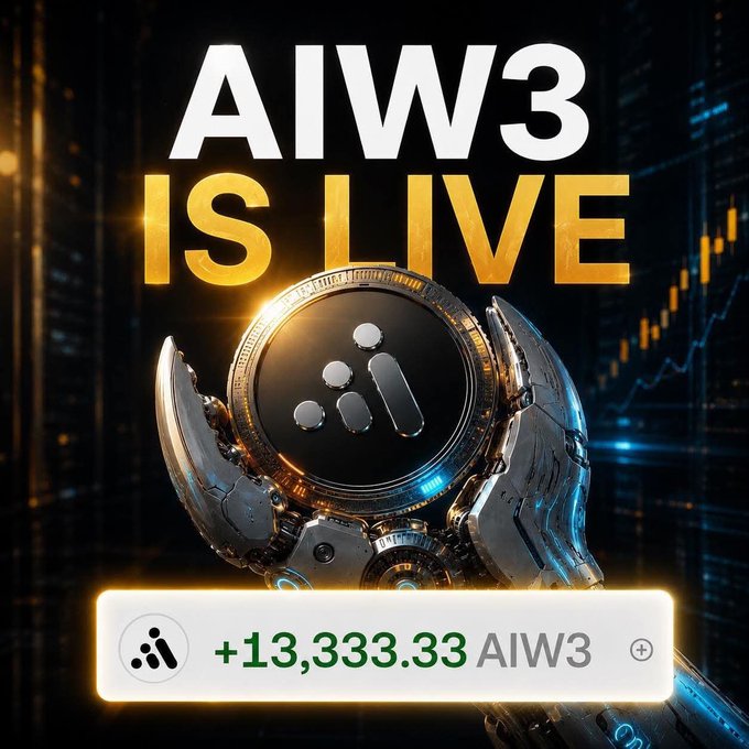 A promotional graphic announcing 'AIW3 IS LIVE' featuring a futuristic robotic hand holding a coin with a logo, showing a token amount of '+13,333.33 AIW3' against a dark background with financial chart elements.