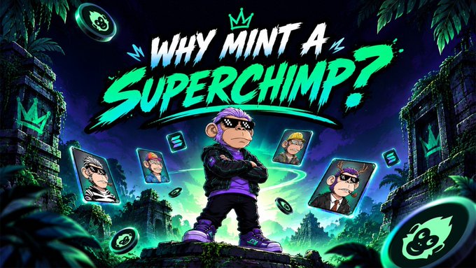 Promotional graphic reading 'WHY MINT A SUPERCHIMP?' featuring an animated purple-haired monkey character in sunglasses with several NFT character cards floating around in a jungle setting.