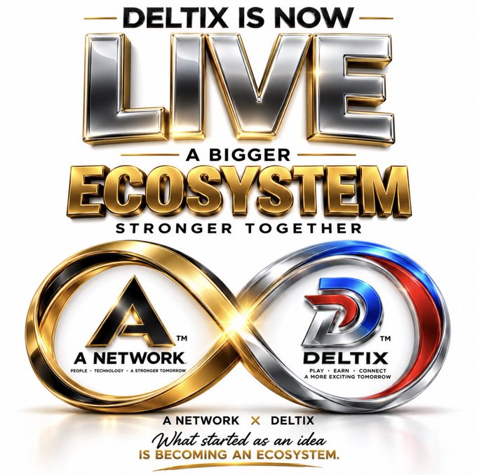 The promotional image announces "DELTIX IS NOW LIVE — A BIGGER ECOSYSTEM, STRONGER TOGETHER," featuring the intertwined golden A Network logo and silver Deltix logo, with the tagline "What started as an idea is becoming an ecosystem," visually symbolizing the merger/expansion described in the accompanying post about A Network growing without adding new coins.