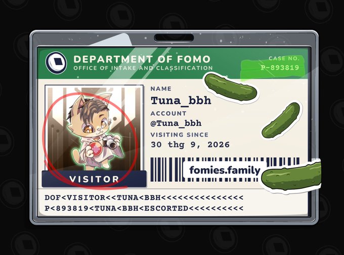 A digital ID badge graphic from the 'Department of Fomo' for 'Tuna_bbh' (Account: @Tuna_bbh), marked as a 'VISITOR' with pickels decorations, referencing 'fomies.family'.