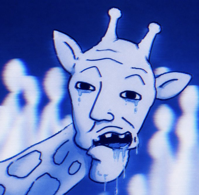 A surreal illustration of a giraffe with a tear-streaked, melancholic human-like face, drooling in a blue-tinted setting with blurred figures behind it.