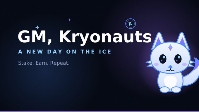 The image features a "GM, Kryonauts" greeting with the tagline "A New Day on the Ice" and "Stake. Earn. Repeat." alongside a cute white and blue cat mascot with a purple diamond on its forehead, visually introducing the Kryonara community and reinforcing the post's message about ongoing development and building on BNB Chain.