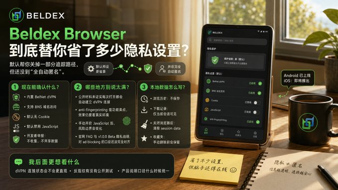 A promotional graphic for the Beldex Browser featuring a smartphone displaying privacy settings, with Chinese text discussing how it helps save users from privacy settings and disables trackers.