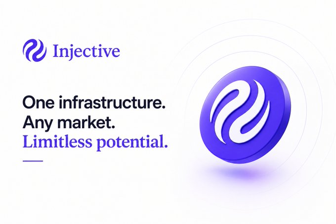 A promotional graphic for Injective features the brand's purple logo alongside the tagline "One infrastructure. Any market. Limitless potential." The image visually reinforces the post's message about Injective's focus on building foundational infrastructure that enables diverse market creation, beyond just operating as another perpetual futures venue.