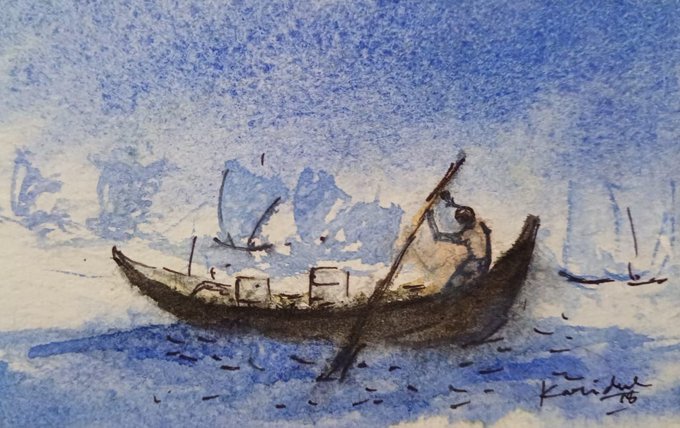 Watercolor painting in blue tones depicting a figure rowing a boat with other sailboats visible in the distance, signed 'Kori 76'.