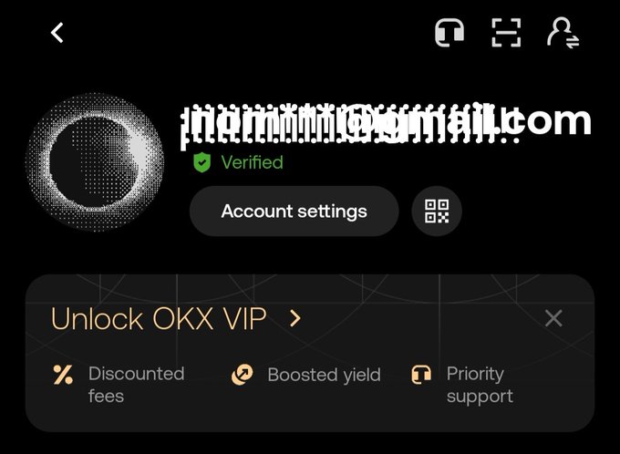 A profile screen from OKX cryptocurrency exchange showing a verified account with an obscured username ending in '.com', offering options to access account settings, a QR code, and a promotional banner to 'Unlock OKX VIP' with discounted fees, boosted yield, and priority support.