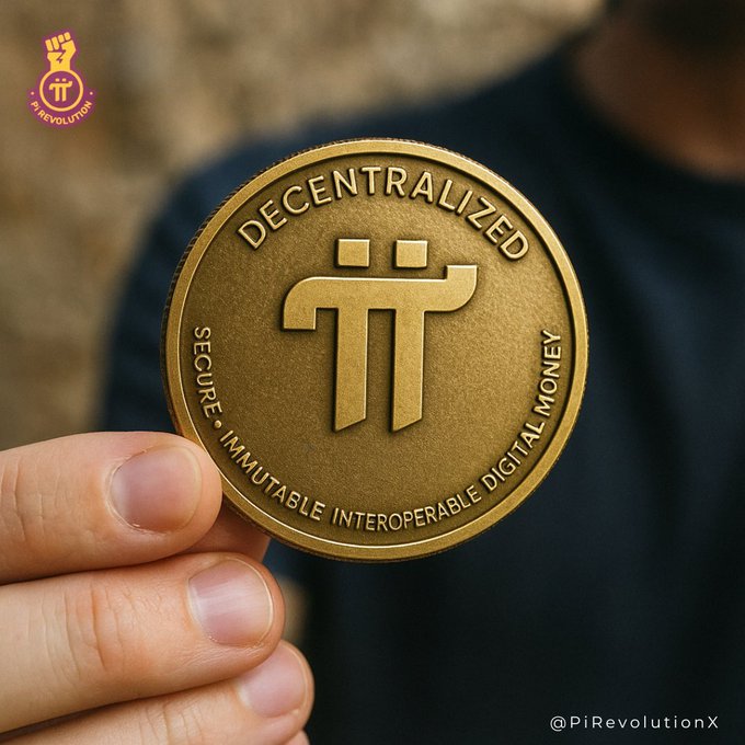 A hand holds up a large gold coin featuring the Pi Network logo, with "DECENTRALIZED" at the top and "SECURE • IMMUTABLE • INTEROPERABLE DIGITAL MONEY" around the bottom edge, visually reinforcing the post's message that Pi embodies these ideal monetary properties.