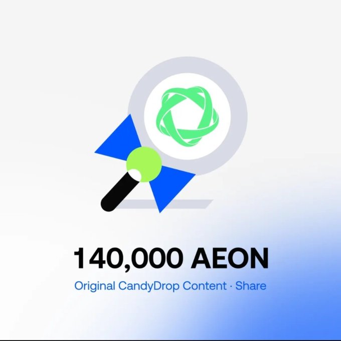 A graphic shows a magnifying glass and candy icon above text reading '140,000 AEON - Original CandyDrop Content - Share'.