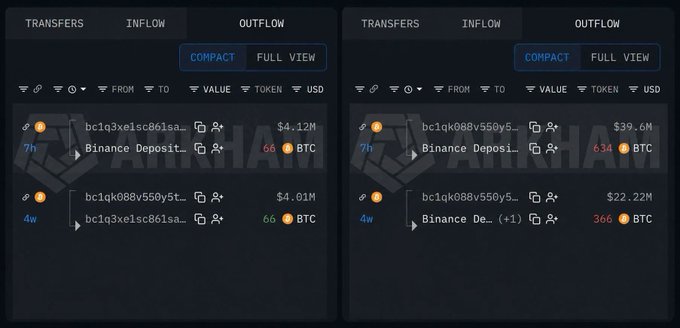 Two side-by-side dark-themed crypto dashboards from 'WHALE' showing transfers, inflows, and outflows of BTC between addresses 'bc1q3xe1sc861sa' and 'bc1qk088v550y5t', including Binance Deposits and Withdrawals.