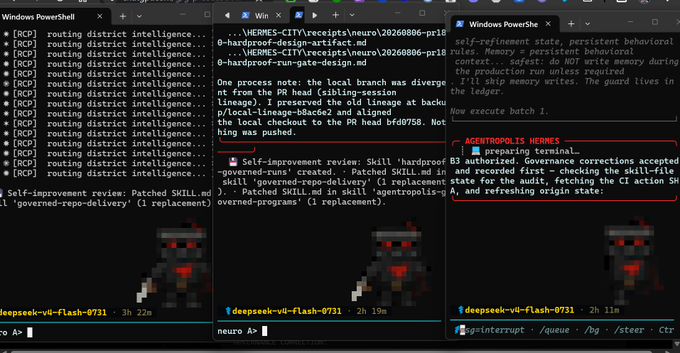 Screenshots of Windows Powershell terminals with 'AGENTROPOLIS IS HERMES' and self-improvement output messages, featuring pixel art robot characters with red eyes.