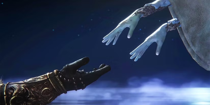 Two pale, ornate robotic hands reaching down toward a dark armored hand reaching up, set against a deep blue cosmic backdrop.