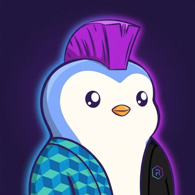 A digital illustration of a cute penguin-like character with a purple mohawk, big black eyes, and a blue geometric patterned shirt against a dark background.