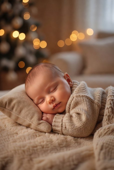 A newborn baby sleeps peacefully on a beige pillow, wrapped in a soft cream-colored knit sweater, with warm bokeh lights from a Christmas tree glowing softly in the background.