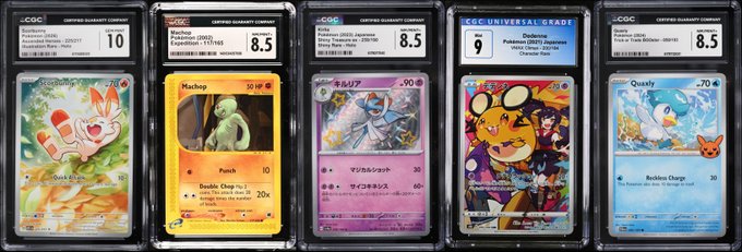 Five graded Pokémon cards displayed in CGC slabs, including Scorbunny, Machop, Gardevoir, Dedenne, and Quaquaval, with grades ranging from 8.5 to 10.