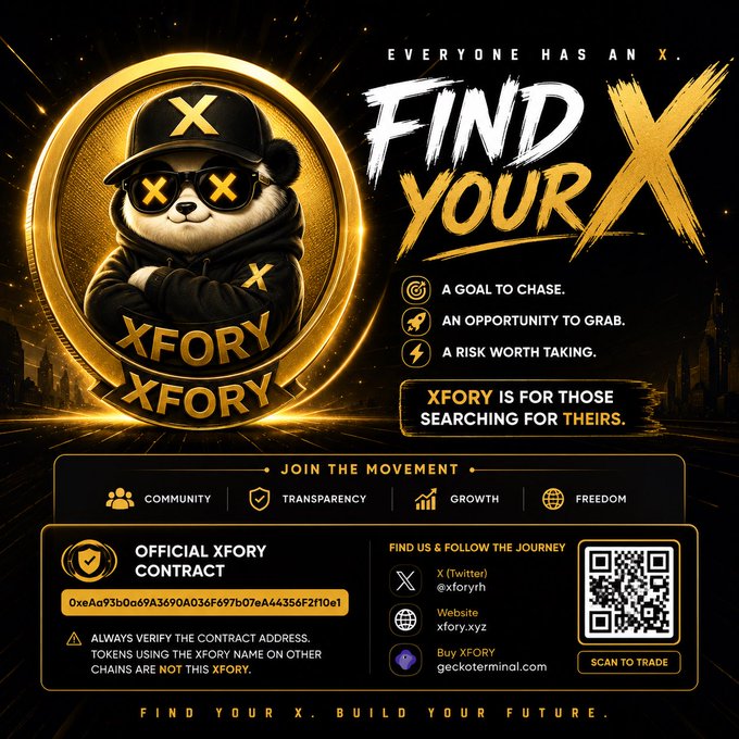 A promotional poster for 'XFORY' featuring a panda wearing 'X' sunglasses, with text reading 'EVERYONE HAS AN X. FIND YOUR X' and listing social handles like 'X (Twitter) @xforyh' and 'Website xfory.xyz'.