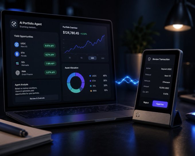 A dark-themed desk setup showing a laptop displaying an 'AI Portfolio Agent' dashboard with yield opportunities (USDC, ETH, SOL, RWA) and a device showing a 'Review Transaction' screen for a 10,000 USDC deposit approval.