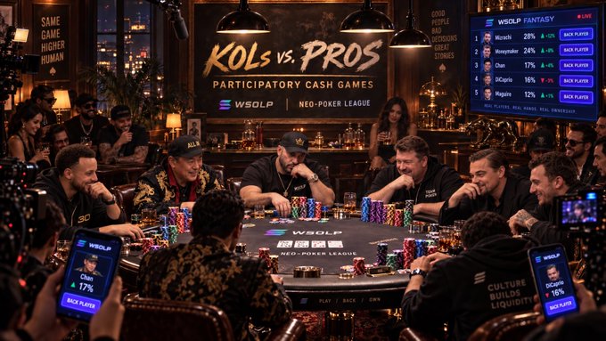 A lively poker tournament scene shows players seated around a green felt table stacked with chips, beneath a "KOLS vs. PROS PARTICIPATORY CASH GAMES" banner for WSOLP's Neo-Poker League, while a leaderboard screen on the right displays live stats for players like Microfit (28%), Noxspoker (24%), Chan (17%), DiCaprio (16%), and Maguire (12%). The image illustrates the post's announcement of new team members bringing high-stakes cash game experiences to the WSOLP community.