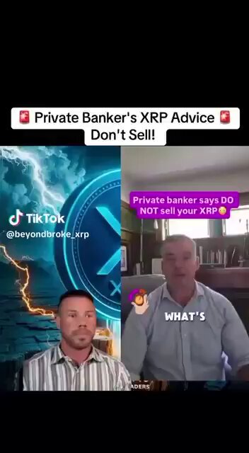 The image shows two men sitting next to each other with a large coin between them. One man has his arms crossed while the other one has his hands at his sides, both appearing to be engaged in conversation or observing something outside of the frame. The text on the image reads "PRIVATE BANKER'S XRP ADVICE DON'T SELL! PRIVATE BANKER'S XRP ADVISORY".