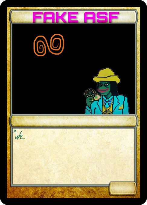 A digital trading card titled "FAKE ASF" in bright pink text at the top, featuring a pixelated character wearing a yellow hat and blue shirt against a black background, with "00" displayed in red. The image relates to the post celebrating the 11th Equinox of FAKERARES_XCP, likely referencing a collectible card from the Counterparty (XCP) platform.