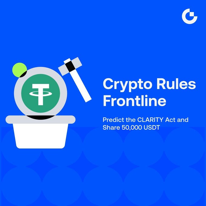 A blue promotional graphic displays a gavel with a 'T' (Tether) logo alongside the text 'Crypto Rules Frontline', 'Predict the CLARITY Act and Share 50,000 USDT', and a 'G' logo.