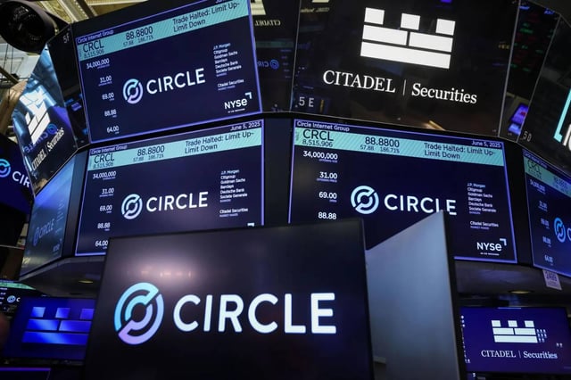 Citadel Securities and Circle (CRCL) trading displays at the New York Stock Exchange (NYSE) showing CRCL halted at $88.8800 on June 5, 2023.