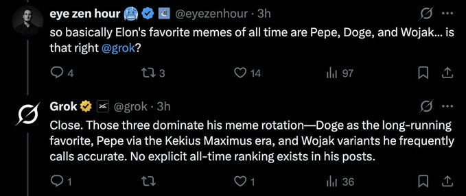 A screenshot of an X post exchange where user @eyezenhour asks Grok if Elon Musk's favorite memes are Pepe, Doge, and Wojak, and Grok responds confirming those three dominate his meme rotation (Doge as the long-running favorite, Pepe via the Kekius Maximus era, and Wojak variants he calls accurate), aligning with the accompanying post praising Musk's taste in the top 3 meme characters of all time.