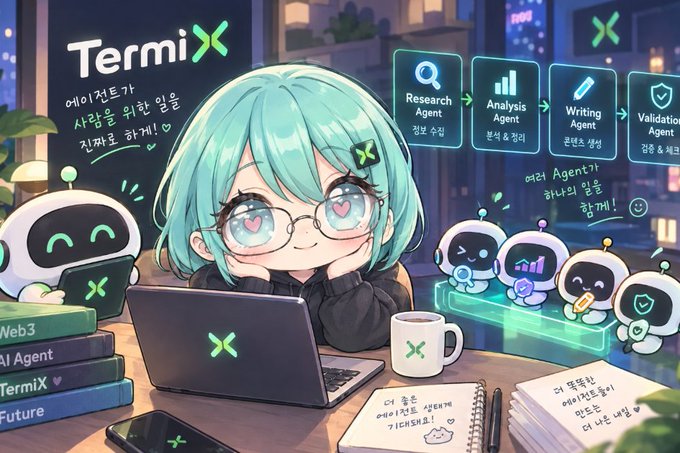 An anime-style illustration features a turquoise-haired character with heart-shaped eyes wearing a "TermiX" sweatshirt, surrounded by cute robot mascots representing Research, Analysis, Writing, and Validation Agents, with a "TermiX" branded laptop and mug.