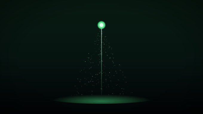 A glowing green orb balances atop a thin stream of falling particles in a dark minimalist digital art composition.