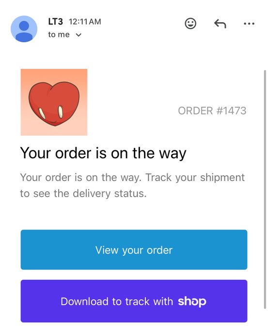 A screenshot of an order confirmation email from "LT3" at 12:11 AM showing "Your order is on the way" for ORDER #1473, with options to "View your order" or "Download to track with shop" — visually supporting the post's claim about the unusually fast shipping experience from LT3 x Fugz.