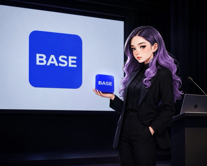 An anime-style illustration of a purple-haired woman in a black suit holding a blue 'BASE' logo, standing beside a large screen displaying the same logo.