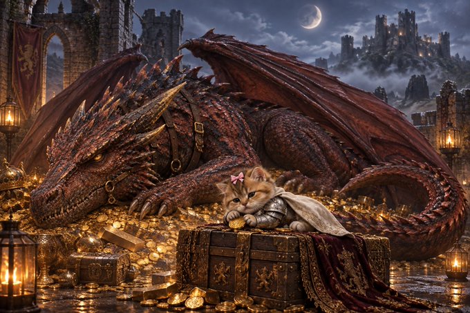 A fantasy digital artwork depicting a large red dragon sleeping on a hoard of gold coins, with a small tabby kitten wearing a pink bow resting on a treasure chest in the foreground, set against a castle backdrop under a crescent moon.