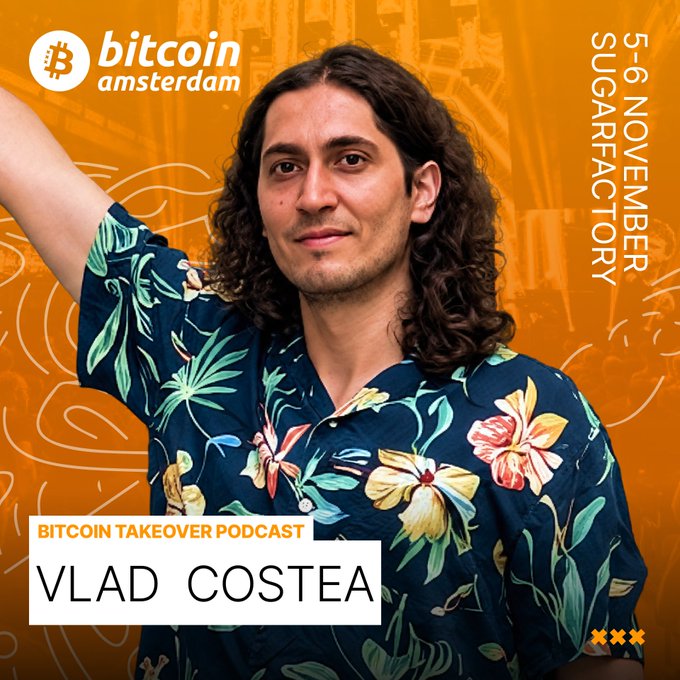 Promotional poster for Bitcoin Amsterdam (5-6 November, SugarFactory) featuring Vlad Costea of the Bitcoin Takeover Podcast in a floral Hawaiian shirt.