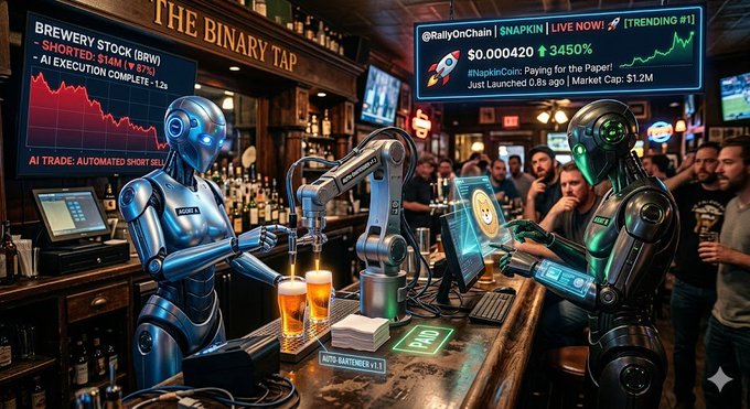 The image features two robots walking into a bar with beer taps and people sitting at tables. The robots are interacting with the bartender, who has been automated by them. One robot is handing out beers while another robot is shorting the brewery's stock on Twitter. A third robot has launched a meme coin on social media to pay for napkins.