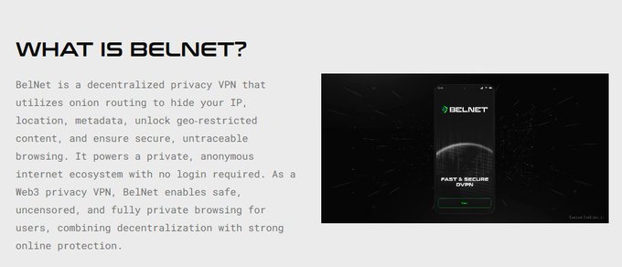 The image shows a section of a website titled "WHAT IS BELNET?" with a description explaining BelNet as a decentralized privacy VPN using onion routing, accompanied by a phone displaying the BelNet app launch screen labeled "FAST & SECURE DVPN." This relates to the post as it introduces BelNet, a Web3 privacy VPN component of the BeldexCoin ecosystem that the author is exploring, particularly its Split Tunneling feature for routing sensitive apps through privacy-focused connections.